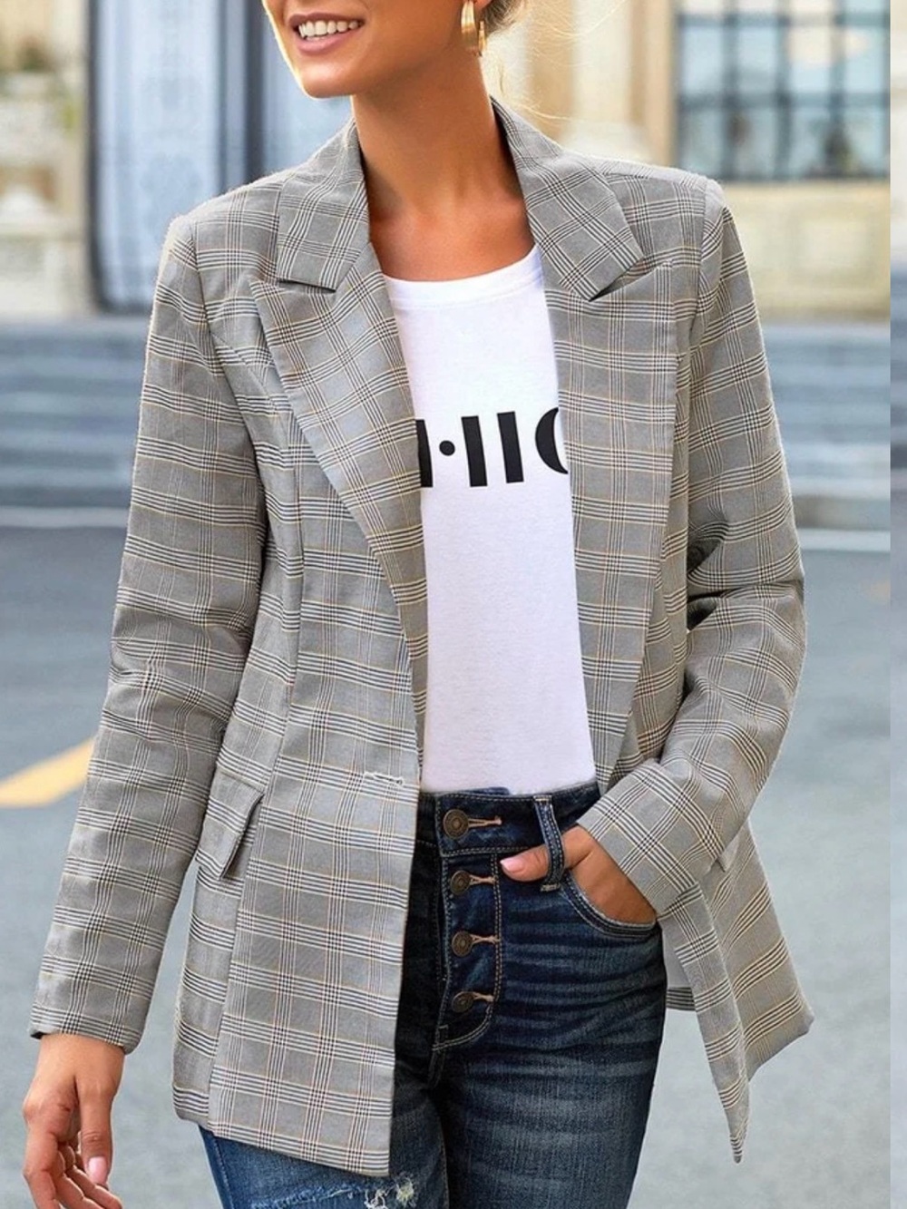 Grey Plaid Women's Blazer - Tailored Open-Front Jacket
